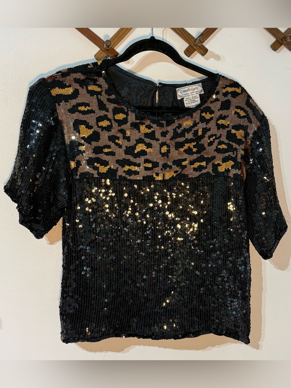 Vintage Black Sequin Top with Leopard Yoke Panel 100% silk by candlelight design